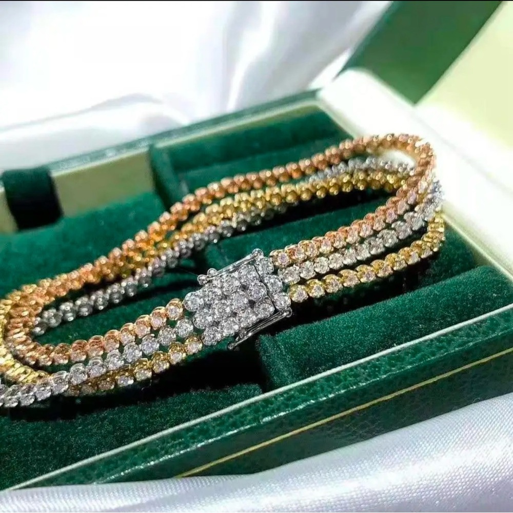 18k Gold 3 Row Natural Diamond Tennis Bracelet Yellow White Rose Gold 4 Carats